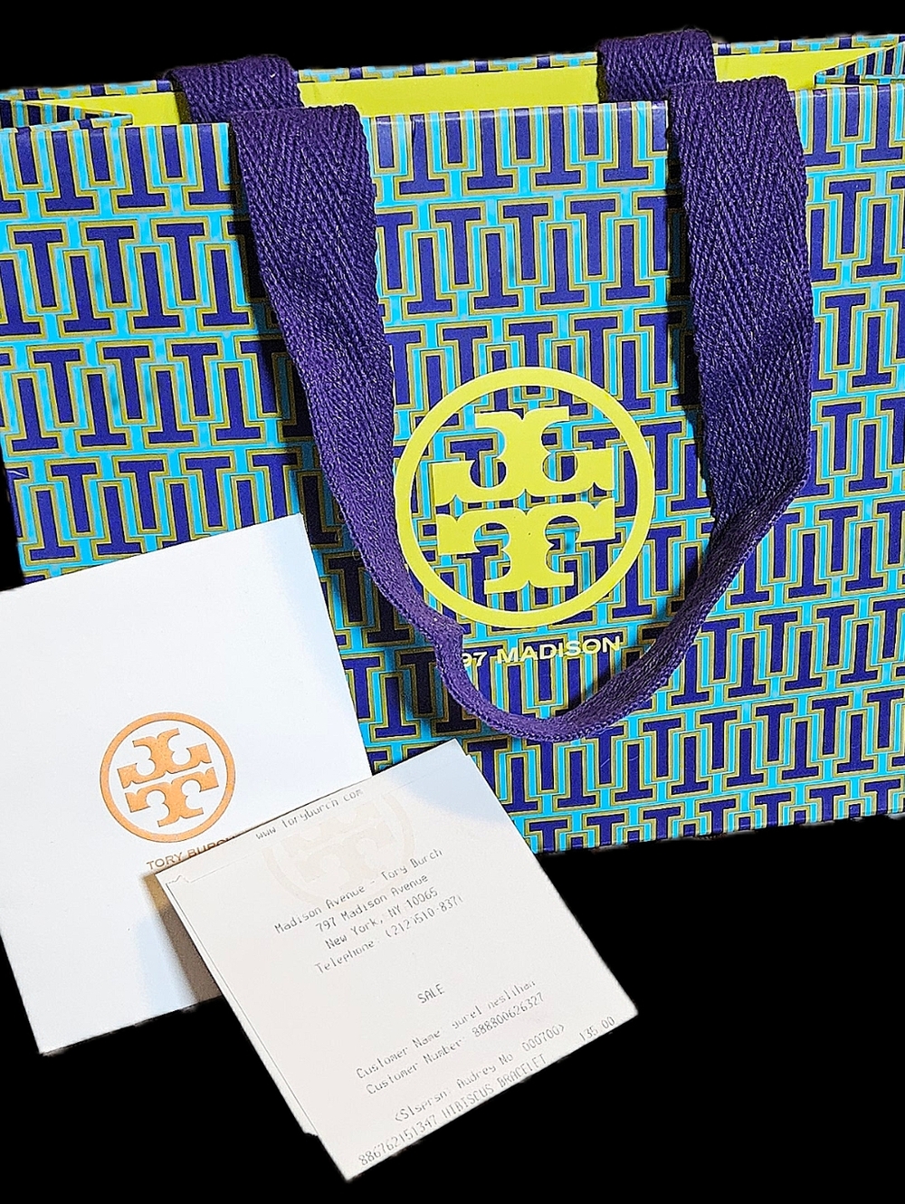 NEW Tory Burch Blue Purple Green Shopping Bag Receipt Envelope Bracelet Gift Set